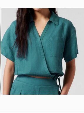 Athleta LIKE NEW size S Borealis green teal linen wrap top contemporary boxy